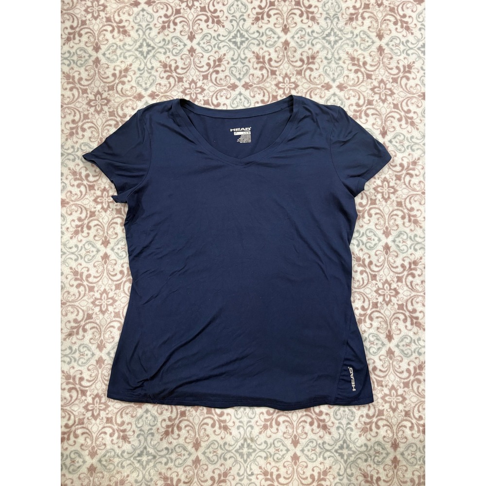 Head Womens Navy Blue V-Neck Short Sleeve Athletic Workout T-Shirt Large